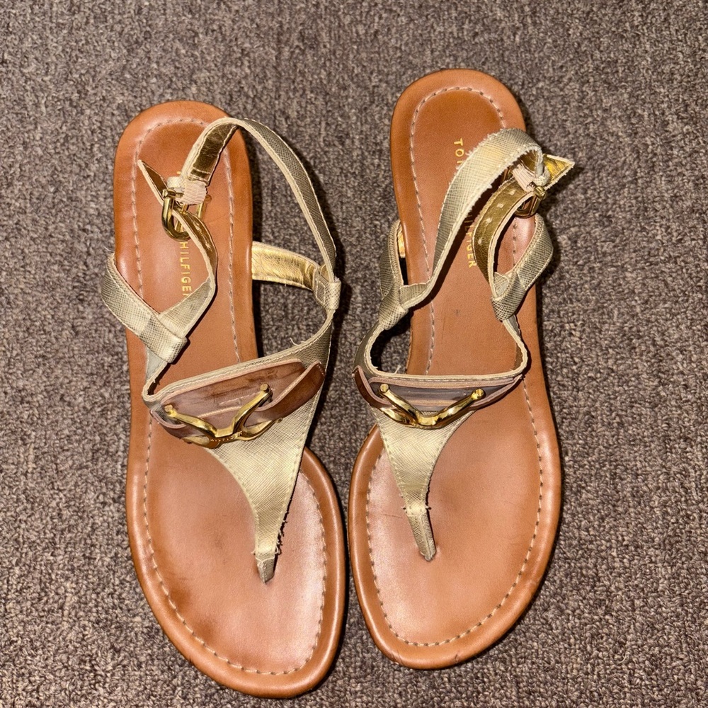Tommy Hilfiger Brown Leather and Gold Slingback Wedge Sandals